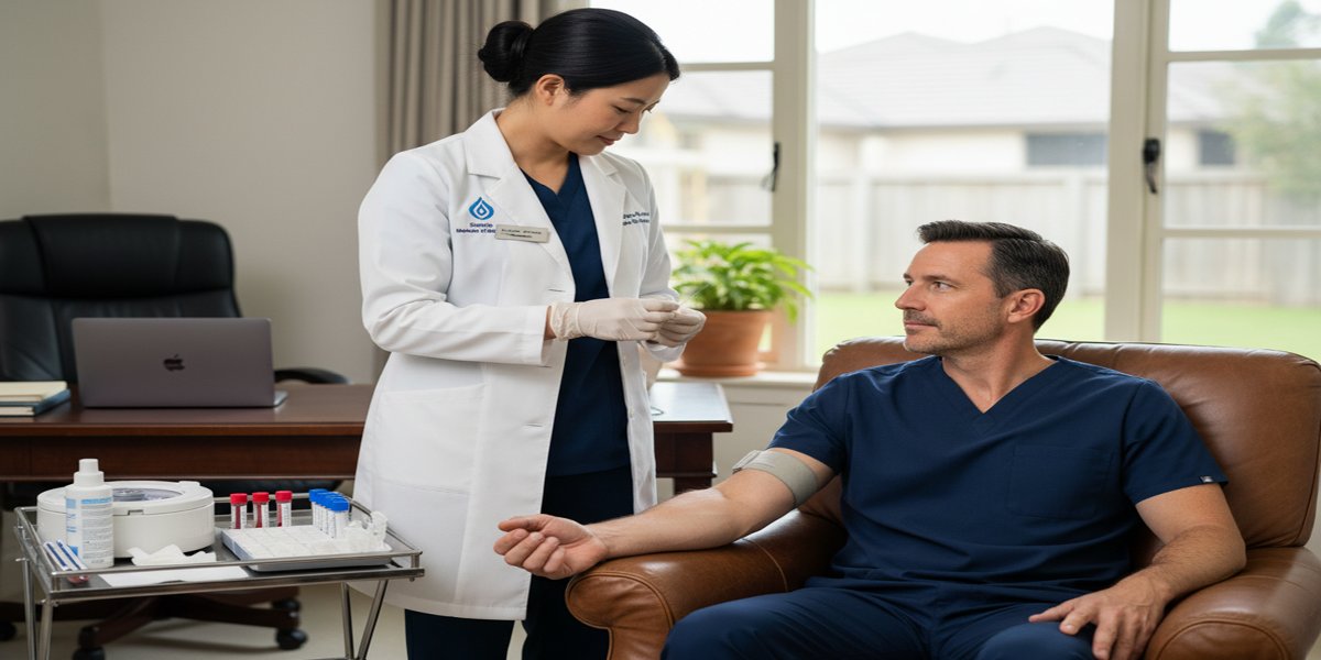 Professional phlebotomist performing an at-home blood draw